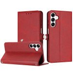Premium PU Leather Folio Wallet Front Cover Case with Card Holder Slots and Wrist Strap for Samsung Galaxy A15 5G (Red)