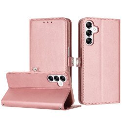 Premium PU Leather Folio Wallet Front Cover Case with Card Holder Slots and Wrist Strap for Samsung Galaxy A15 / A25 5G (Rose Gold)
