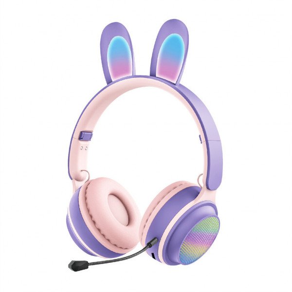 Wholesale Cute Bunny Ear Bluetooth Wireless Foldable Headphone Headset with Microphone and FM Radio ST81M for Universal Cell Phone And Bluetooth Device (Purple)