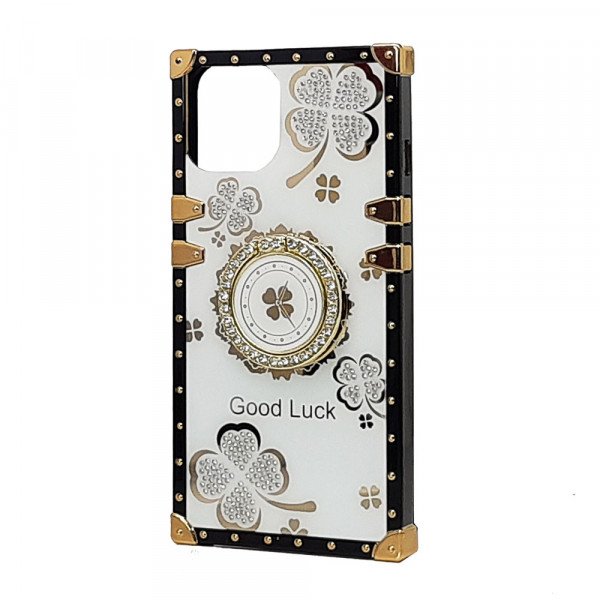 Wholesale Heavy Duty Floral Clover Diamond Ring Stand Grip Hybrid Case Cover for Apple iPhone 11 [6.1] (White)