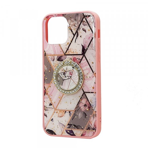 Wholesale Marble Design Bumper Edge Protection Diamond Ring Case for Apple iPhone 11 [6.1] (Pink-C)