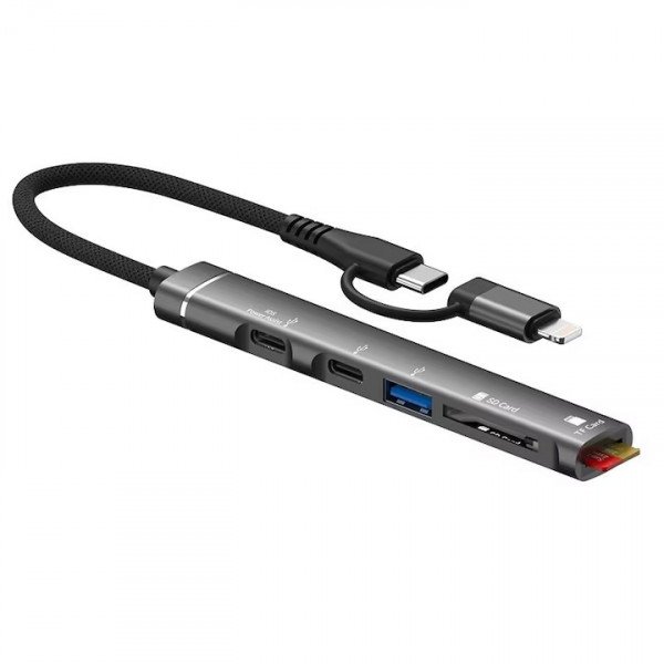 Wholesale 5-in-1 Multi-Function USB Hub Station with Type C Lightning Adapter Micro SD Card Reader Charging Station TC05 for Universal Cell Phone, Device and More (Black)
