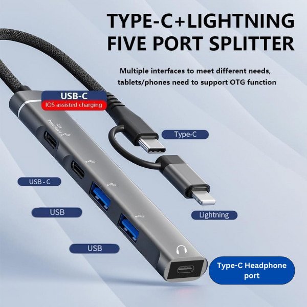 Wholesale 5-in-1 Multi-Function USB Hub Station with iPhone Lightning USB-C Adapter with Type-C Headphone Jack and More TC06 for Universal Cell Phone, Device and More (Black)
