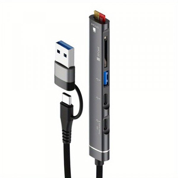 Wholesale 5-in-1 USB Hub Station Multi-Port Adapter with Micro SD Card Reader Charging Station - Type C and USB A Compatible TC07 for Universal Cell Phone, Device and More (Black)