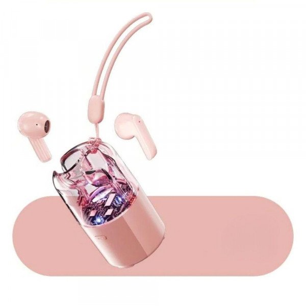 Wholesale Portable Wireless Bluetooth TWS Headphones with Speaker Charging Case - RGB Lights and Transparent Design TC60 for Universal Cell Phone And Bluetooth Device (Pink)
