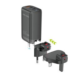 65W GaN Fast Wall Charger with 3-Ports USB-C PD & USB-A QC3.0 Travel Adapter with Interchangeable US/UK/EU Plugs for Universal Cell Phone, Device and More (Black) 65W GaN Fast Wall Charger with 3-Ports USB-C PD & USB-A QC3.0 Travel Adapter with Interchangeable US/UK/EU Plugs for Universal Cell Phone, Device and More (Black)