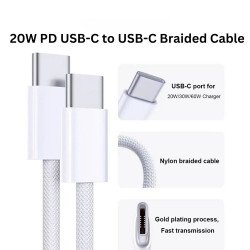 USB-C to USB-C - High-Speed 20W PD Fast Charging Braided Flexible Type C Cable (White) for Universal Cell Phone, Device and More (White)
