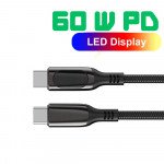 Wholesale 60W PD Display Fast Charging USB-C to USB-C 3FT Durable Braided Woven Nylon Cable with LED Charging Display for Universal Cell Phone, Device and More (Black)
