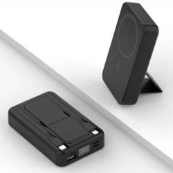 10000mAh Fast Charging Magsafe Magnetic Power Bank Built-in USB-C & Lightning Cables with Kickstand for Universal Cell Phone And Devices (Black)