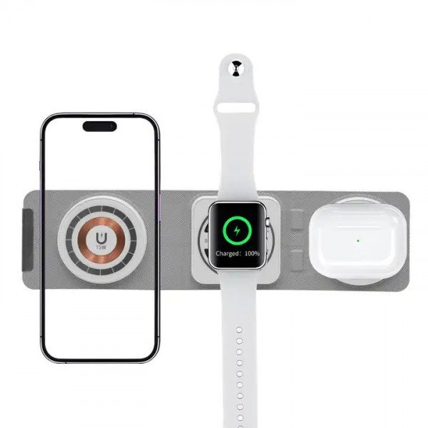 Wholesale 3-in-1 MagSafe Compatible Charging Station: Qi2 Certified 15W Wireless Charger Stand, Foldable & Portable for Travel for Universal Cell Phones and Qi Compatible Device (White)