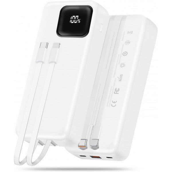 Wholesale 20000mAh Fast Charging Portable Power Bank Battery Charger with Built-in USB-C & Lightning Cable & LED Display for Universal Cell Phone And Devices (White)