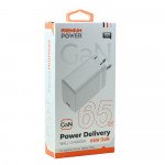 Wholesale 65W GaN USB-C Wall Charger with Fast Charging Power Delivery and Macbook Compatible for Universal Cell Phone, Device and More (White)