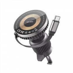 15W Fast Magnetic Wireless Car Charger Air Vent Mount Phone Holder with Auto-Retractable USB-C Cable for Universal Cell Phone with Magsafe Built-In (Black)