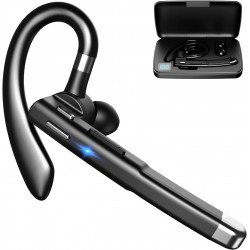 Lightweight Business Bluetooth Headset with Over-the-Ear Hook and Charging Case - Single-Side Earpiece YYK520 for Universal Cell Phone And Bluetooth Device (Black)