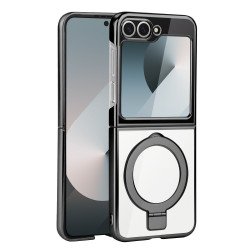 Crystal Clear Transparent MagSafe Phone Case with Magnetic Ring and Kickstand for Samsung Galaxy Z Flip 6 5G (Black)