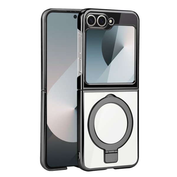 Wholesale Crystal Clear Transparent MagSafe Phone Case with Magnetic Ring and Kickstand for Samsung Galaxy Z Flip 6 5G (Black)