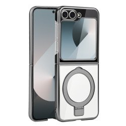 Crystal Clear Transparent MagSafe Phone Case with Magnetic Ring and Kickstand for Samsung Galaxy Z Flip 6 5G (Gray)
