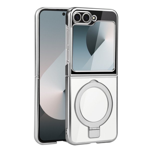 Wholesale Crystal Clear Transparent MagSafe Phone Case with Magnetic Ring and Kickstand for Samsung Galaxy Z Flip 6 5G (Silver)