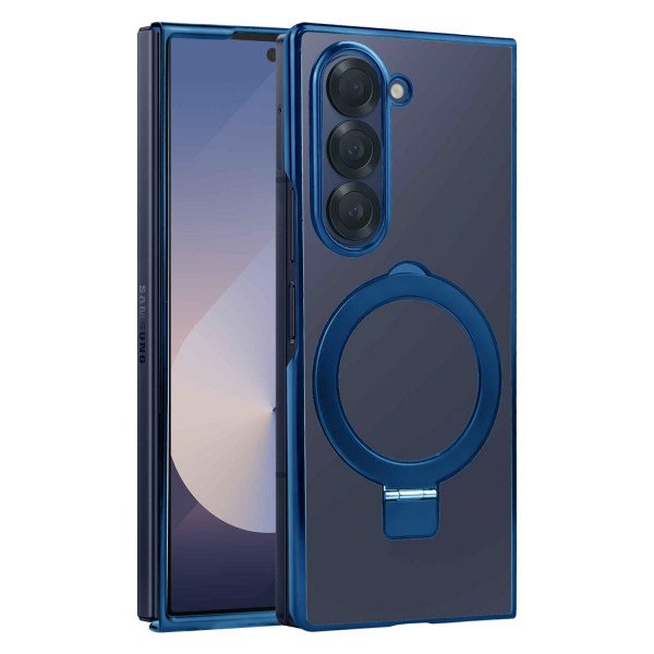 Wholesale Crystal Clear Transparent MagSafe Phone Case with Magnetic Ring and Kickstand for Samsung Galaxy Z Fold 6 5G (Navy Blue)