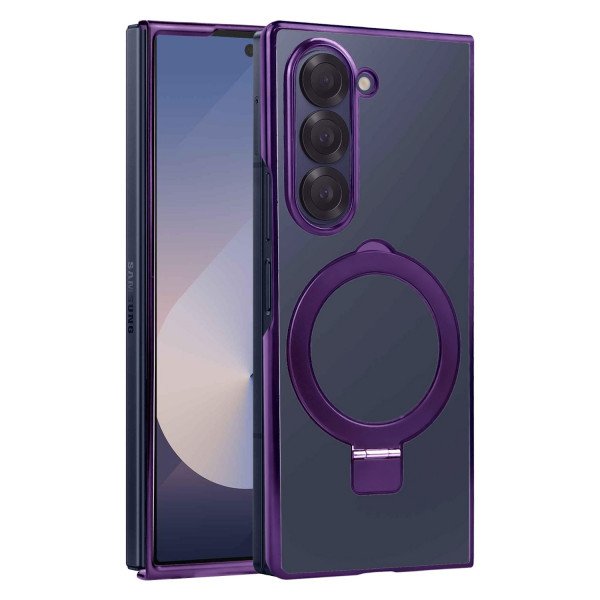 Wholesale Crystal Clear Transparent MagSafe Phone Case with Magnetic Ring and Kickstand for Samsung Galaxy Z Fold 6 5G (Purple)