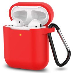 Premium Soft Silicone Skin Shockproof Protective Cover with Keychain Carabiner for Apple Airpod 2 / 1 (Red)