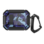 Premium Camo Design Strong Armor Hybrid Clip Lock Airpod Case Cover With Keychain Holder for Apple Airpod Pro 2 / 1 (Blue)