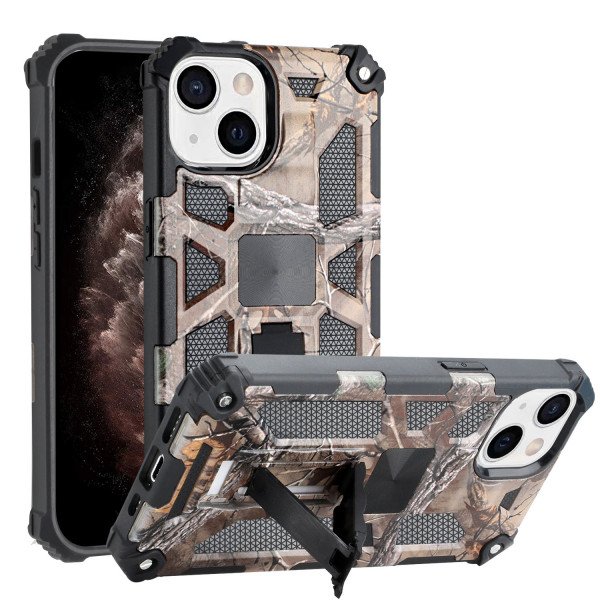 Wholesale Tuff Armor Hybrid Stand Case with Magnetic Plate for Apple iPhone 13 [6.1] (Tree Brown)