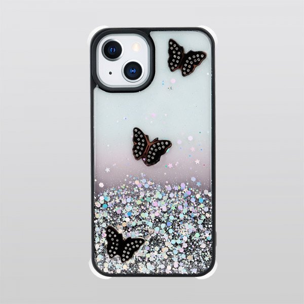 Wholesale Glitter Jewel Diamond Armor Bumper Case with Camera Lens Protection Cover for Apple iPhone 13 [6.1] (Butterfly Black)
