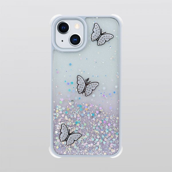 Wholesale Glitter Jewel Diamond Armor Bumper Case with Camera Lens Protection Cover for Apple iPhone 13 [6.1] (Butterfly Purple)