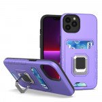 Wholesale Square Ring Stand Holder with Card Slot Hybrid Case for Apple iPhone 13 Pro Max (6.7) (Purple)