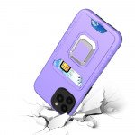 Wholesale Square Ring Stand Holder with Card Slot Hybrid Case for Apple iPhone 13 (6.1) (Purple)