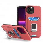 Wholesale Square Ring Stand Holder with Card Slot Hybrid Case for Apple iPhone 13 (6.1) (Red)