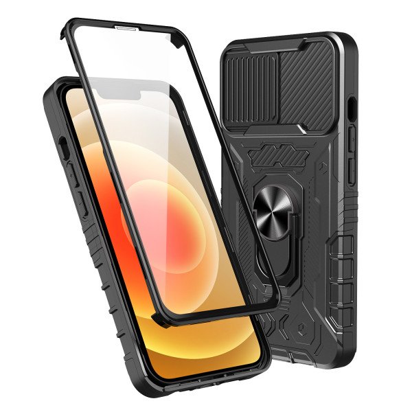 Wholesale Full Body Tech Ring Stand Case Built In Screen Protector with Lens Cover for Apple iPhone 13 Pro Max (6.7) (Black)