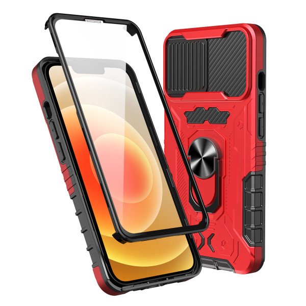Wholesale Full Body Tech Ring Stand Case Built In Screen Protector with Lens Cover for Apple iPhone 13 (6.1) (Red)