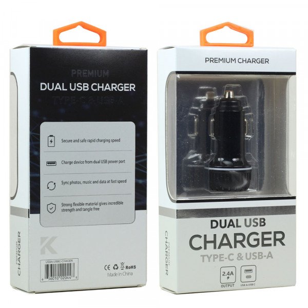 Wholesale USB-A and USB-C (TypeC) 2.4A Dual 2 Port Car Charger Adapter (Black)