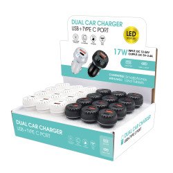 24pc Countertop Display with 17W Dual Port USB-A and Type-C Car Charger Adapter for Universal Cell Phone And Bluetooth Device (Black, White)