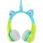 Wholesale Unicorn Cat Ear Bluetooth Wireless LED Foldable Headphone Headset with Built in Mic and FM Radio for Universal Cell Phone And Bluetooth Device CXT8M (Blue Green)