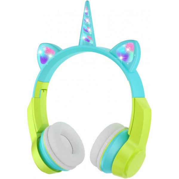 Wholesale Unicorn Cat Ear Bluetooth Wireless LED Foldable Headphone Headset with Built in Mic and FM Radio for Universal Cell Phone And Bluetooth Device CXT8M (Blue Green)