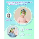 Wholesale Unicorn Cat Ear Bluetooth Wireless LED Foldable Headphone Headset with Built in Mic and FM Radio for Universal Cell Phone And Bluetooth Device CXT8M (Blue Green)