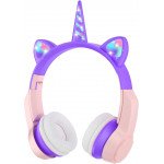 Wholesale Unicorn Cat Ear Bluetooth Wireless LED Foldable Headphone Headset with Built in Mic and FM Radio for Universal Cell Phone And Bluetooth Device CXT8M (Purple Pink)