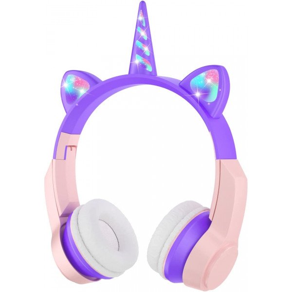Wholesale Unicorn Cat Ear Bluetooth Wireless LED Foldable Headphone Headset with Built in Mic and FM Radio for Universal Cell Phone And Bluetooth Device CXT8M (Purple Pink)