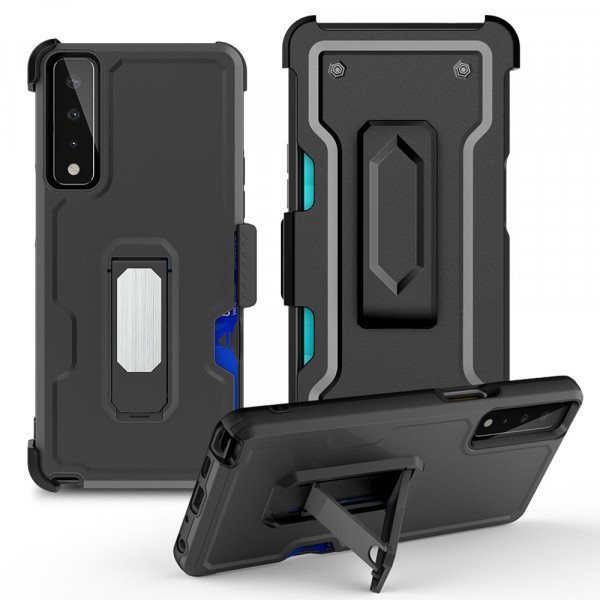 Wholesale Premium Armor Heavy Duty Kickstand Card Slot Case with Clip for Motorola Moto G Pure (Black)