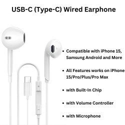 Type-C Port Style Stereo Earphone Headset with Mic and Volume Control with Built in Chip (No Bluetooth Required) for Universal Apple iPhone Cell Phone And Device (White)