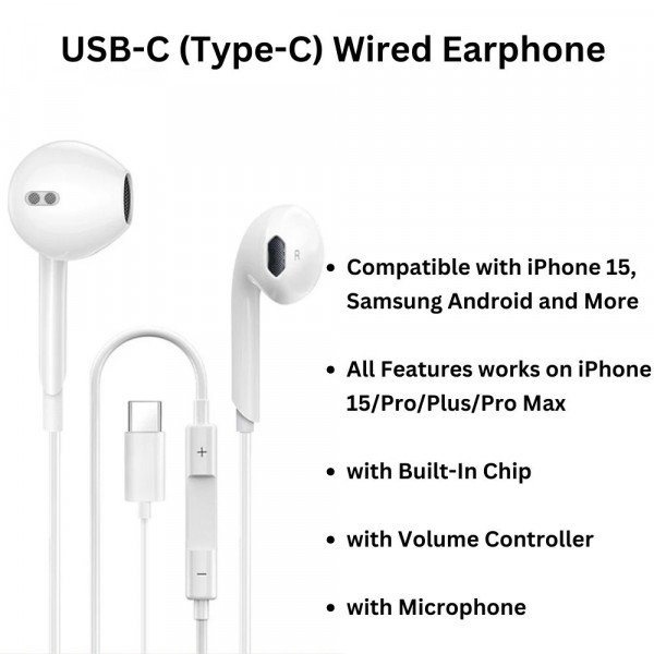 Wholesale Type-C Port Style Stereo Earphone Headset with Mic and Volume Control with Built in Chip (No Bluetooth Required) for Universal Apple iPhone Cell Phone And Device (White)