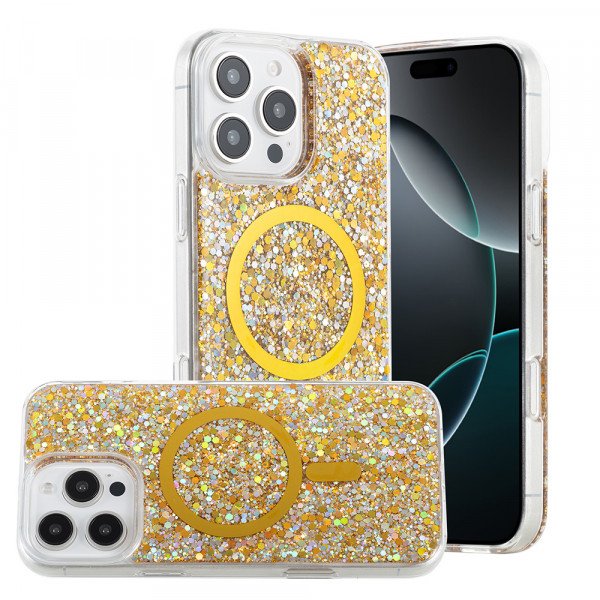 Wholesale Colorful Glitter Sparkle Design Clear Transparent Shockproof Magsafe Compatible Magnetic Ring Phone Case for Apple iPhone 16 Pro Max (Gold)