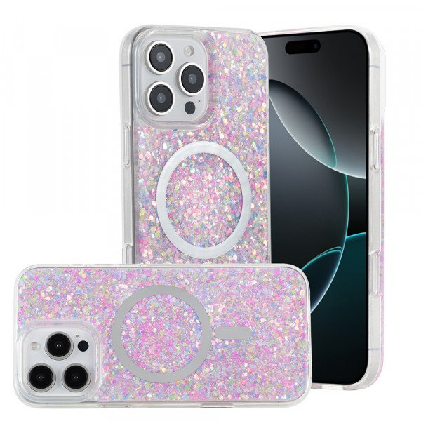 Wholesale Colorful Glitter Sparkle Design Clear Transparent Shockproof Magsafe Compatible Magnetic Ring Phone Case for Apple iPhone 16 Pro Max (Pink)