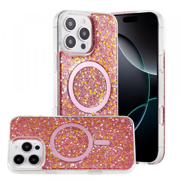 Wholesale Colorful Glitter Sparkle Design Clear Transparent Shockproof Magsafe Compatible Magnetic Ring Phone Case for Apple iPhone 16 Pro Max (Red)