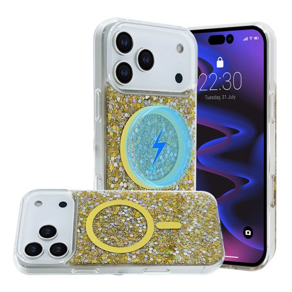 Wholesale Colorful Glitter Sparkle Design Clear Transparent Shockproof Magsafe Compatible Magnetic Ring Phone Case for Apple iPhone 17 Pro Max (Gold)