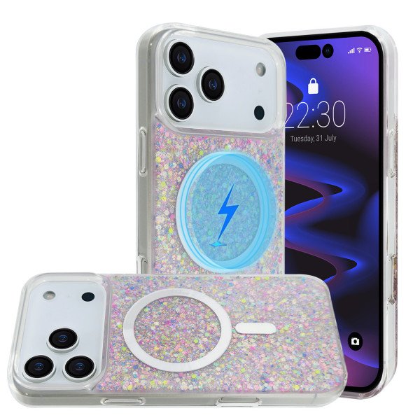Wholesale Colorful Glitter Sparkle Design Clear Transparent Shockproof Magsafe Compatible Magnetic Ring Phone Case for Apple iPhone 17 Pro Max (Pink)