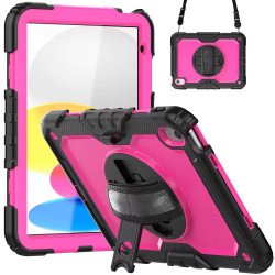Heavy Duty 3-Layer Tablet Case with 360° Rotatable Kickstand, Hand and Shoulder Strap, Stylus Holder for Apple iPad 11 A16 (2025) / iPad 10.9 (2022) (Hot Pink) Heavy Duty 3-Layer Tablet Case with 360° Rotatable Kickstand, Hand and Shoulder Strap, Stylus Holder for Apple iPad 11 A16 (2025) / iPad 10.9 (2022) (Hot Pink)